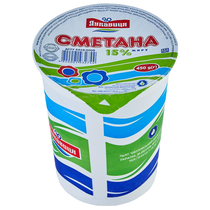 Сметана ЛУКАВИЦЯ 15%, 450г, стакан пластиковий
